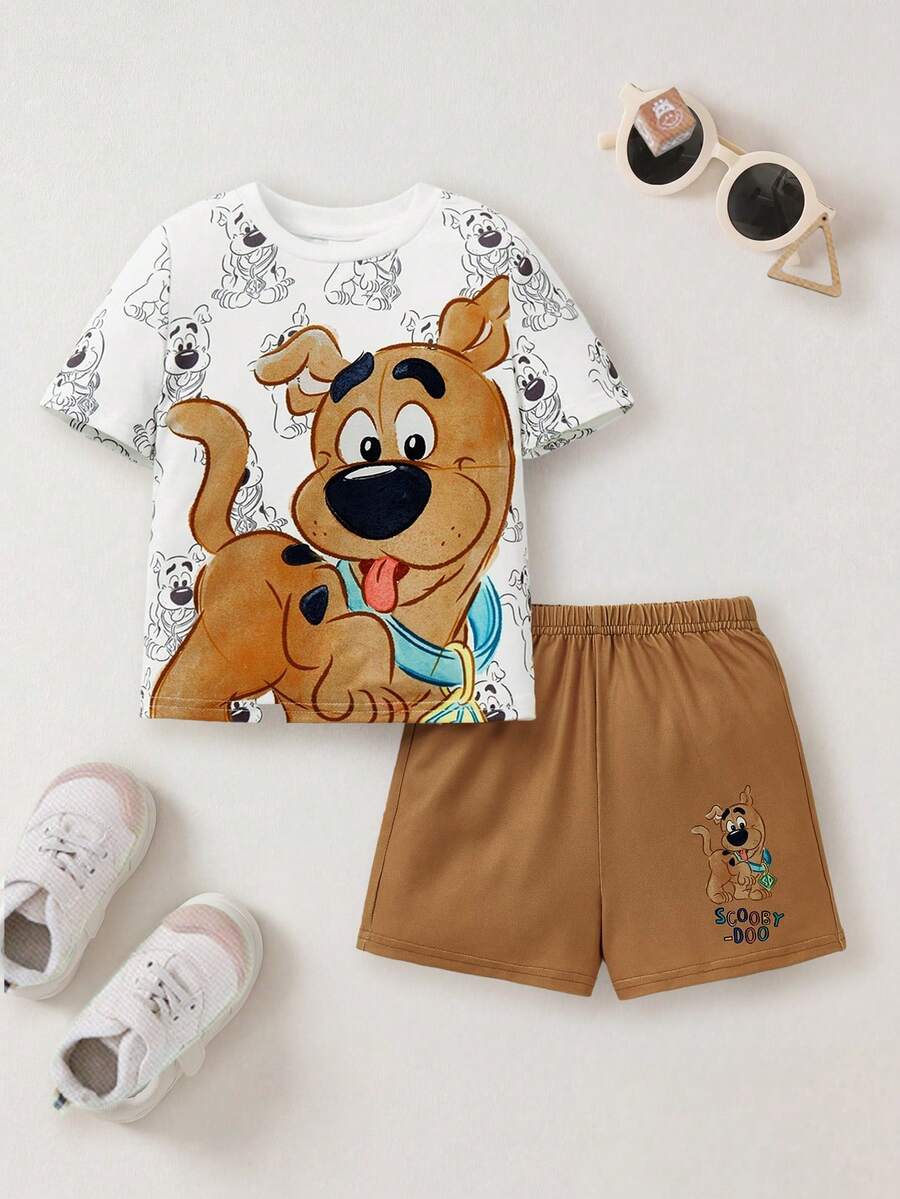 SCOOBY-DOO X SHEIN Baby Boy Cartoon Dog Print White Casual Cute Short Sleeve T-Shirt And Khaki Loose Shorts Comfortable 2 Pieces Set - Multicolor - View 1