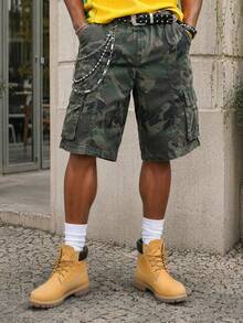 Manfinity EZcore Men Plus Size Casual Street Style Multi-Pocket Distressed Camouflage Wide Leg Denim Shorts - Army Green - View 4