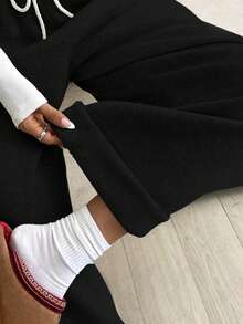 Flirla 女款抽繩腰休閒端莊百搭日常運動褲 健身運動 黑色 夏季 - 黑色 - 查看 6