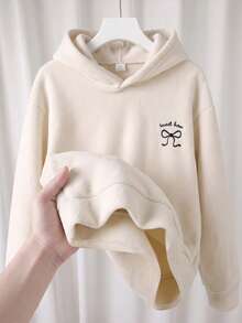 SHEIN 青少年女孩字母蝴蝶結圖案連帽休閒日常長袖衛衣 - 米色 - 查看 3