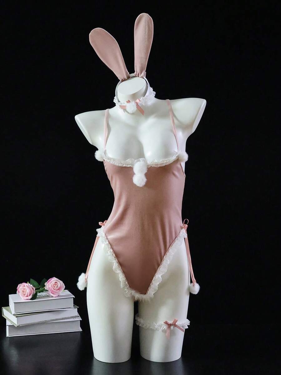 Dansine Christmas Bunny Girl Costume Lingerie, Role Play Sleepwear - Pink - View 1