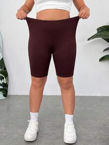 SHEIN EZwear 酒紅色涼感大尺碼女款純色高腰緊身短褲 - 酒紅色 - 查看 5
