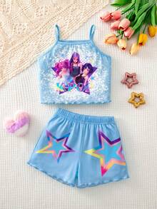 SHEIN 少女卡通女團印花細肩帶上衣與短褲家居服套裝，4款隨機發送 2套 - 彩色 - 查看 7