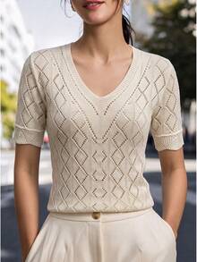 SHEIN White Shimmer Diamond Hollow V-Neck Knit Short Sleeve Full Body Texture Spring Summer Boho French Casual Goddess Vacation Brunch - Apricot - View 4