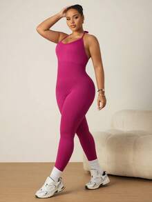 SHEIN Rhythm Era Women's Plus Size Backless Halter Neck Fitted Sports Jumpsuit - Violet Purple - View 5