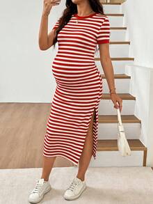 SHEIN Maternity Striped Colorblock Split Hem Casual Daily Summer Dress - Red - View 7