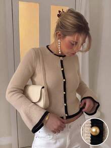 SHEIN PariChic Women's Elegant Contrast Color Long Sleeve Knit Cardigan - Khaki - View 3