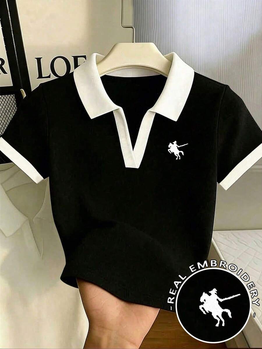 Resyla 女款大尺碼夏季休閒拼色拼接刺繡T恤 - 彩色 - 查看 1