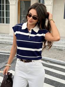 Serisse Top de punto a rayas con media abertura de botones elegante y de moda para mujer - Azul Marino - Ver 5