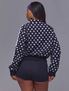 Musera Sport Black Polka Dot Contrast Stripe Side Zip Through Cinched Waist Sport Logo Track Jacket Gym Pilates Fitness Daily Casual Everyday Running Void - Black and White - View 4