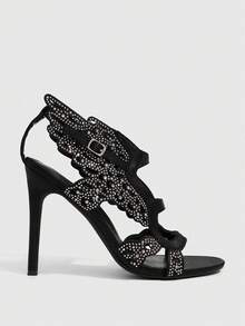 CUCCOO SZL Women's High-Heeled Sandals Rhinestone Wings Decorative Open Toe Shoes Fashion Personalized - Black - View 2