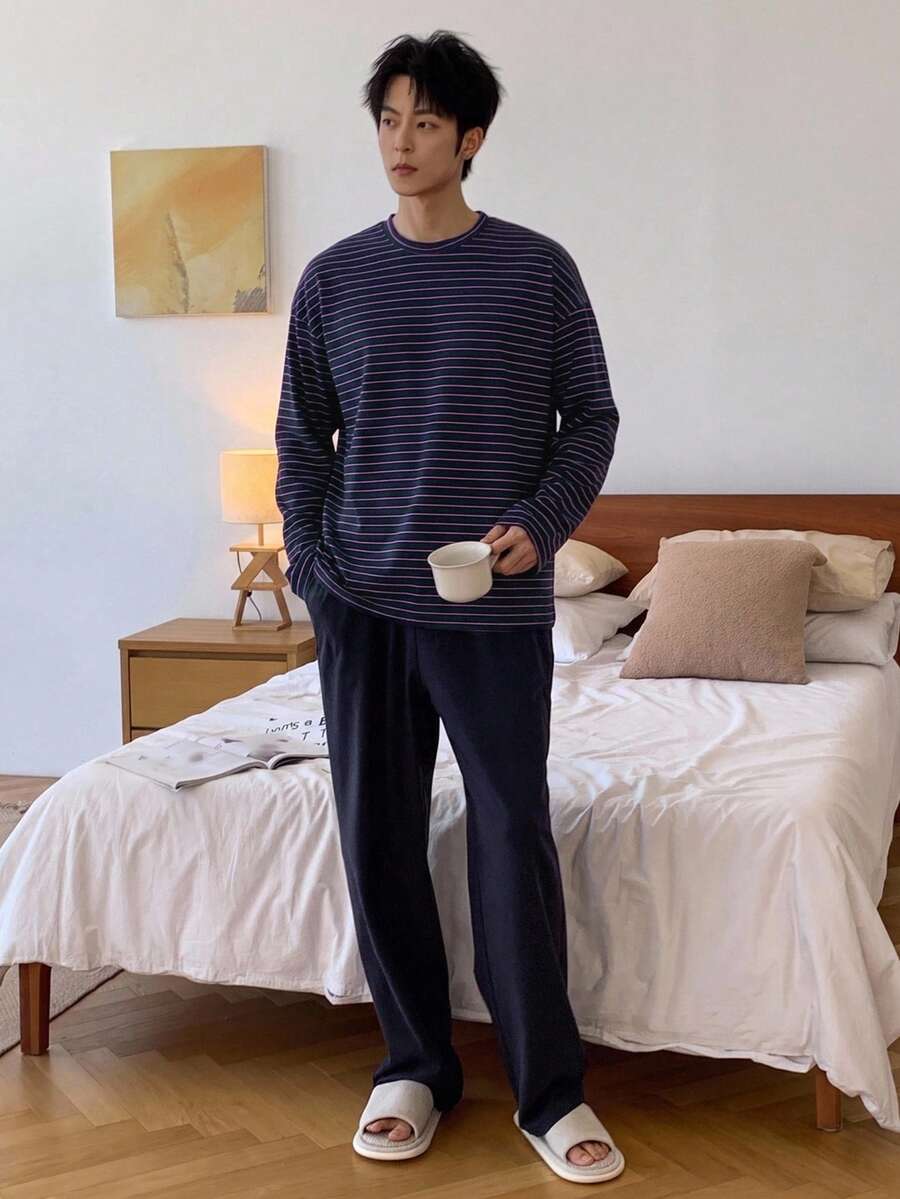 DAZY Men's Spring/Autumn Loungewear Set With Navy Blue Striped Top And Solid Color Elastic Waist Pants - Multicolor - View 1