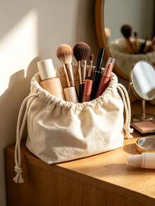 Haus Hana 1PC White Canvas Storage Bag Large Capacity Portable Zipper Makeup Solid Color Casual Tote For Bedroom Dorm Living Room Simple Style Essential - Multicolor - View 9