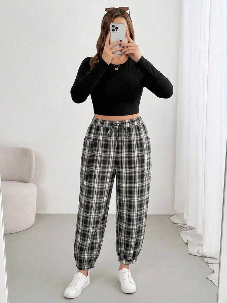 Shapeblank Plus Size Women's Spring/Autumn Fashion Casual Loose Comfortable Daily All-Match Versatile Slimming Elastic Waist Black & White Plaid Lantern Pants, Autumn Clothing, Plaid Pants, Women's Bottoms, Outing Outfit - Black and White - View 6