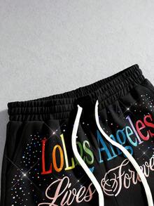 ROMWE MEN Men's Loose Fit Shorts With Letter Flashing Diamond Embroidered Pattern - Black - View 2