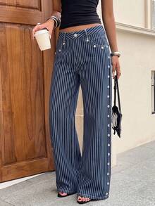 SHEIN EZwear Women's Fashion Striped Wide Leg Jeans Fall Clothes - Medium Wash - View 4