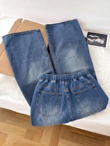 Comfortcana Women's Drawstring Waist Pocket Casual Daily Outing Denim Jeans Fall Clothes - Medium Wash - View 2