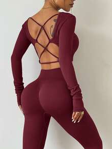 Slayform Slayform Sexy Long Sleeve Pants Set Cross Strap Seamless Knit Women's Sports Outfit - Burgundy - View 6