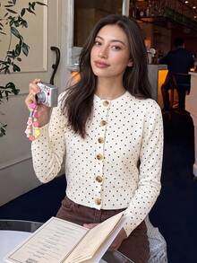 Serisse 女款波點單排扣休閒日常長袖開襟衫 - 米色 - 查看 7