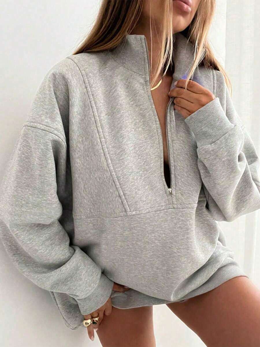 INAWLY 宽松休闲立领半拉链女式卫衣,毕业季、教师节、返校季套头衫 - 淺灰色 - 查看 1