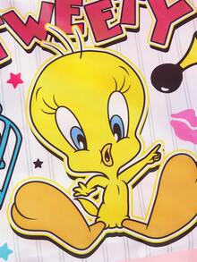 LOONEY TUNES X SHEIN 黃色小鳥印花聚酯纖維可折疊托特包，輕巧便攜，適合超市購物、日常與旅行使用，大容量且耐用 - 黃藍粉 - 查看 5