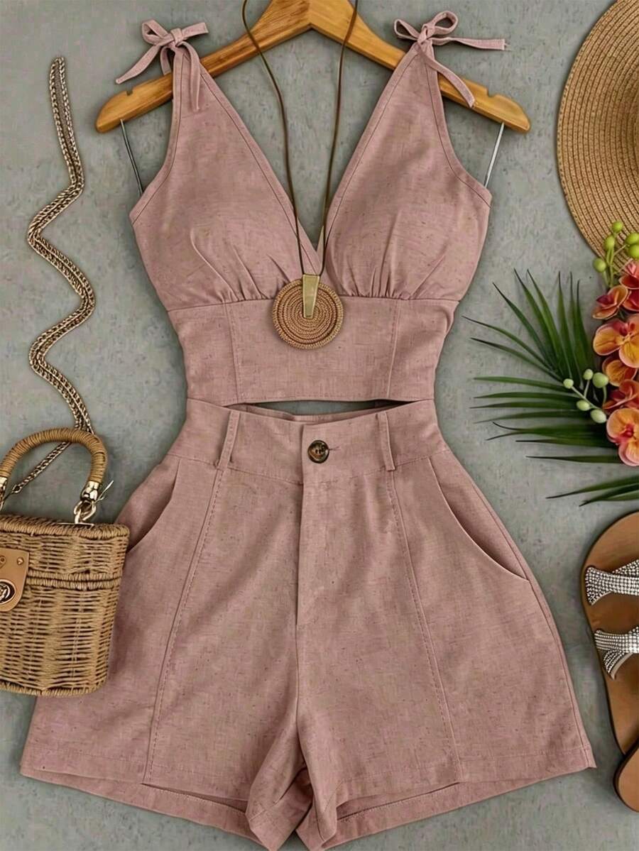 SHEIN Franclia Casual Camisole Crop Top And Shorts Set - Dusty Pink - View 1