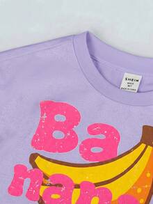 SHEIN LMoss Kids 女童字母香蕉印花短袖T恤與條紋長褲休閒日常套裝 - 淡紫色 - 查看 5