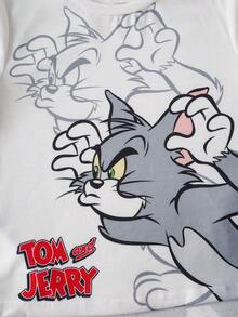 TOM & JERRY X SHEIN 少女卡通印花圓領短袖休閒T恤 - 白色 - 查看 5