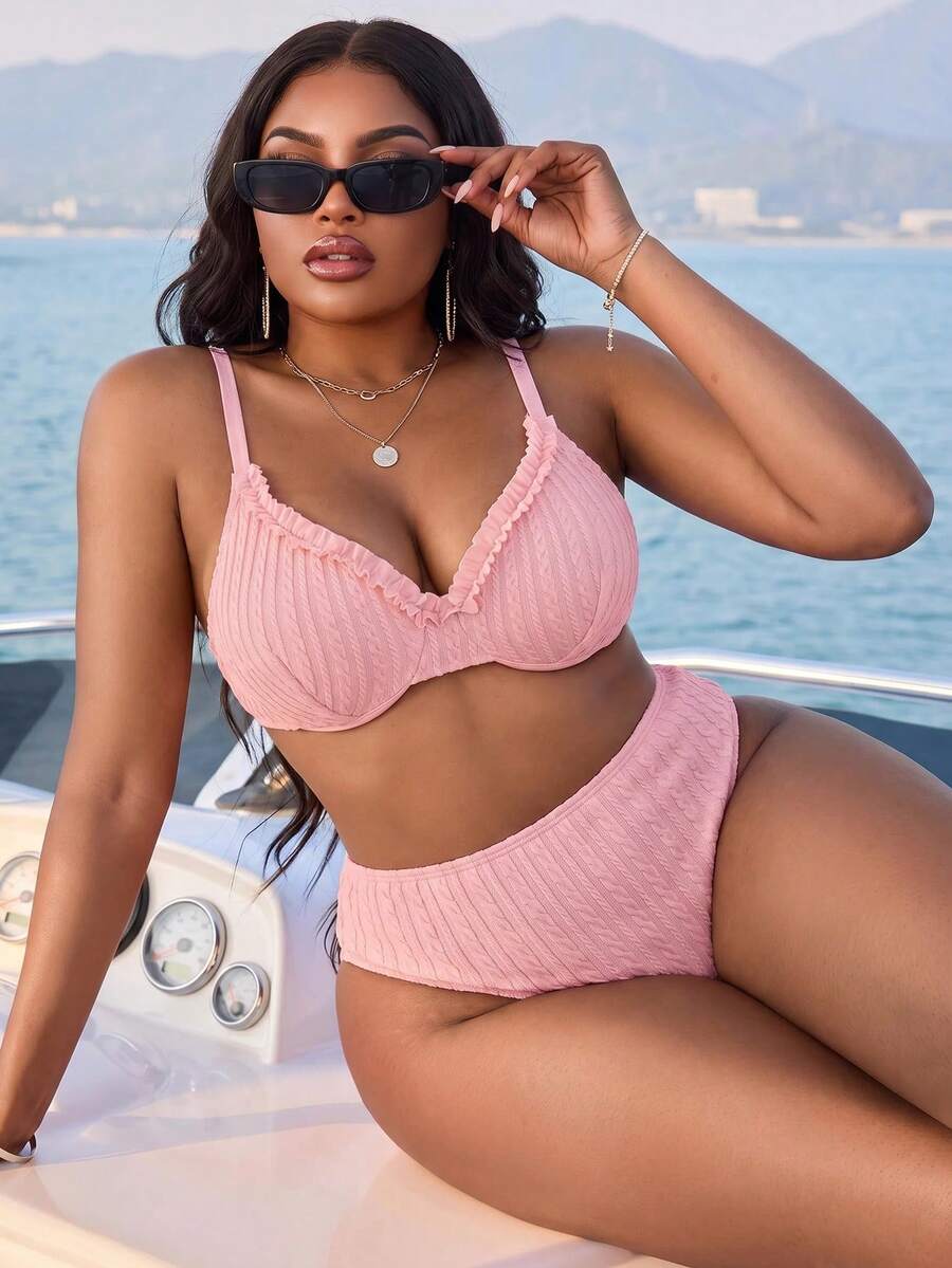 Swim Mod Conjunto de 2 piezas de ropa de playa para mujer, nuevo verano 2026, dulce, elegante y lindo, adecuado para vacaciones, playa, fiesta, uso en yate, hecho de tela texturizada, decorado con ribete acolchado, top de sujetador con copa suave ajustable y conjunto de bikini lindo, conjunto de traje de baño de talla grande - Rosa - Ver 1