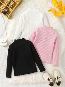 SHEIN 女童套裝 3件組 簡約休閒舒適高領長袖T恤套裝 蝴蝶結裝飾 保暖冬季 柔軟可愛 百搭 - 彩色 - 查看 2