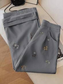 Modelyn 女款休閒百搭日常穿著長褲，花卉刺繡圖案附口袋 - 灰色 - 查看 6