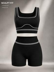 Solea Cove Solea Cove 1 Set, Black And White Contrast Line Square Neck Sports Set, Sports Bra, High Waist Butt-Lifting Fitness Shorts 2 Pieces Set, Soft And Comfortable Fit, Suitable For Workout, Running, Casual, Yoga - Black - View 3