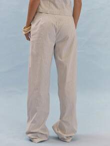 MUSERA Mid Rise Straight Leg Trousers With Stripe Pattern And Button Pocket Flap Detail Coord Bottoms Only Autumn Casual Brunch Vacation Blue White - White - View 4