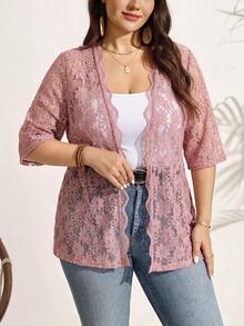 SHEIN LUNE 大尺碼女款蕾絲休閒百搭日常外出開襟衫 - 藕粉色 - 查看 4