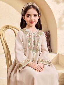 SHEIN Young Girl Woven Round Neck Patchwork Ribbon Loose Casual Dress, Young Girl Floral Young Girls Jalabiya, Elegant Vintage Floral Embroidered Print Midi Dress, Young Girl Casual Minimalist Traditional Long Sleeve Arabian Dress Suitable For Spring/Summer, Festival Style Matching Family Vacation, / Young Girl Elegant Modest Long Sleeve Dress, Prayer Abaya, Easy Comfort, Casual Wear, Vacay Vibes, Modest Kaftan, Young Girls Jalabiya, Girl Jalabiya, Apricot Dress, Mommy & Sisters & Me - Apricot - View 6