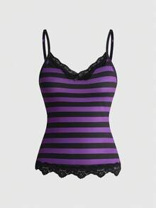 ROMWE Y2K Retro Musical Note & Staff Piano Keyboard Print Fitted Baby Tee With Lace Trim Tank Top 3 Pieces Set - Purple - View 13