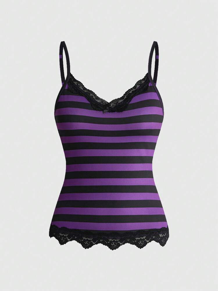 ROMWE Y2K Retro Musical Note & Staff Piano Keyboard Print Fitted Baby Tee With Lace Trim Tank Top 3 Pieces Set - Purple - View 13