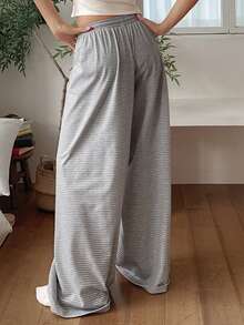 DAZY Women's Striped Fashion Drawstring Waist Loose Wide Leg Lounge Pants Fall - Grey - View 2