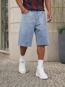 Manfinity EZcore Plus Size Men's Rhinestone Embellished Wide Leg Denim Shorts - Light Wash - View 5