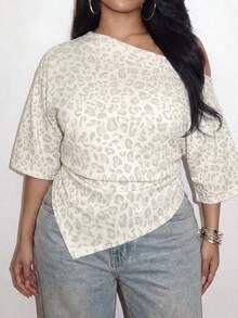 Slaydiva Plus Size Leopard Print Asymmetric T-Shirt - Multicolor - View 1