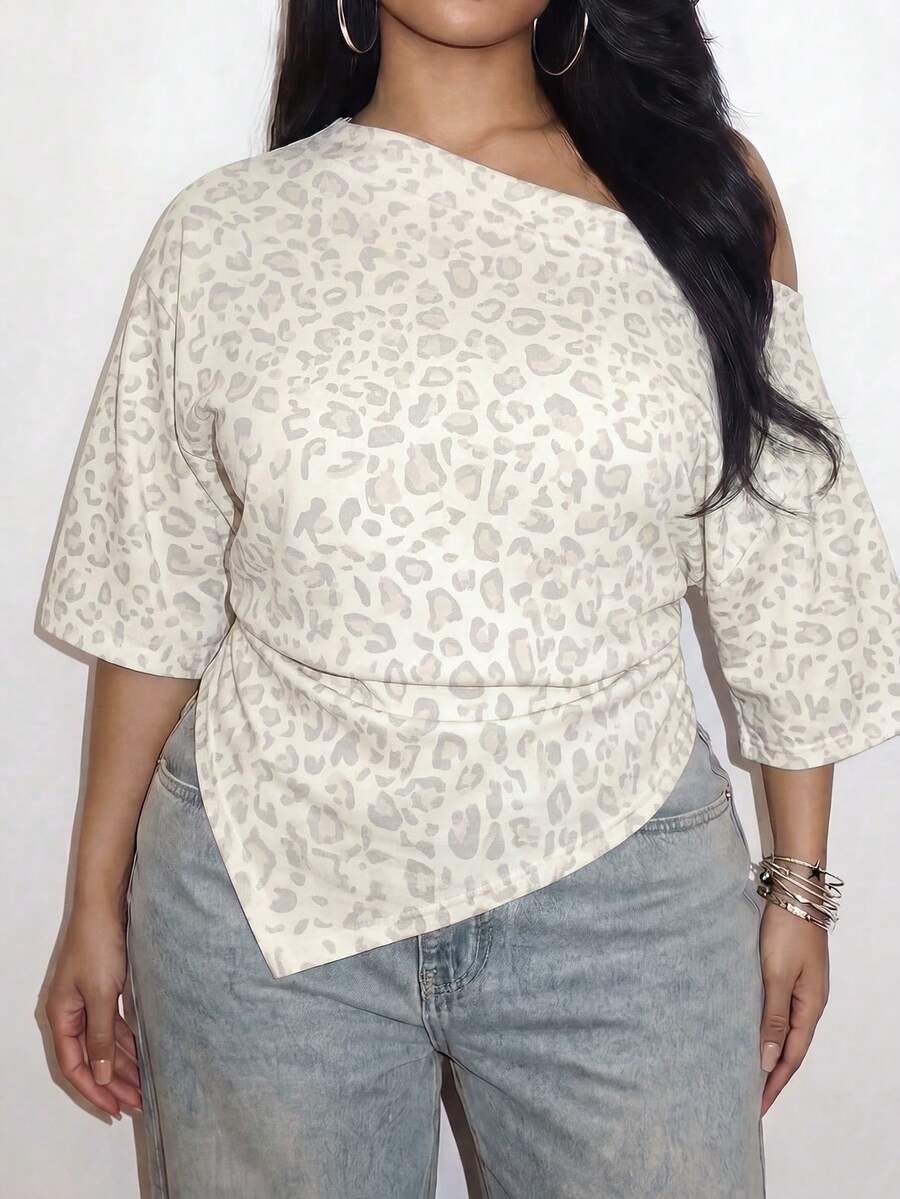 Slaydiva Plus Size Leopard Print Asymmetric T-Shirt - Multicolor - View 1