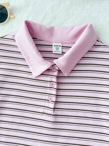 SHEIN 少女针织撞色条纹Polo领短袖T恤和裙子休闲套装 - 粉色 - 查看 6