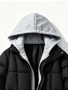 Teen Boys Fashion 2 In 1 Hooded Padded Coat, Colorblock Letter Print Zipper Loose Padded Coat, Suitable For Autumn/Winter Daily Streetwear - Black - View 3