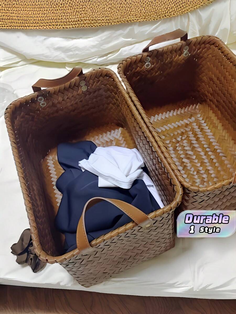2Pcs Rustic Woven Storage Basket, Multiuse For Cosmetics Jewelry Books Clothes Home Car - Multicolor - View 1