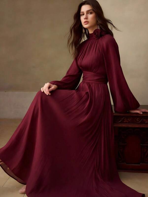 MOTF PREMIUM SOLID STEREO FLOWER MOCK NECK LANTERN SLEEVE FOLD PLEATED LONG DRESS