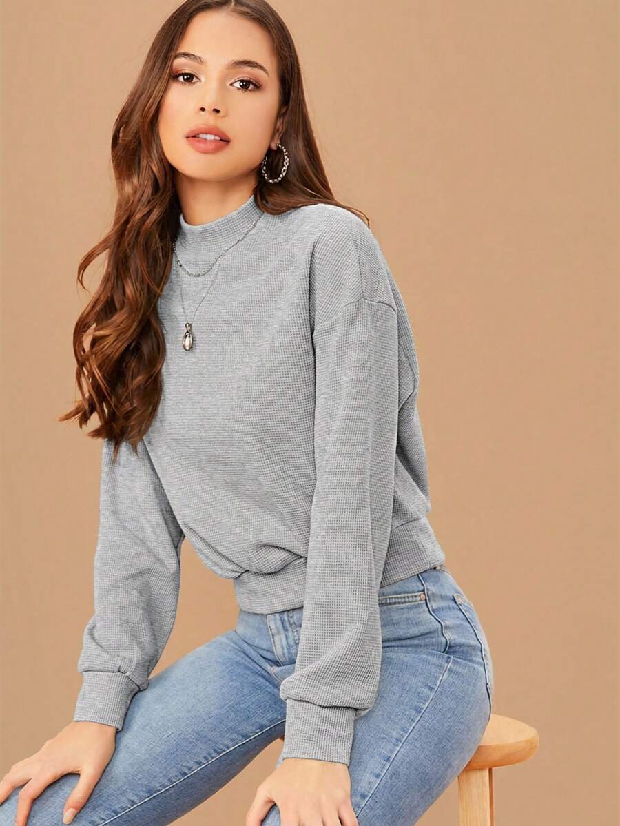 SHEIN Essnce 落肩小立領素色套頭衫,秋冬長袖上衣,灰色休閒日常校園風 - 淺灰色 - 查看 1