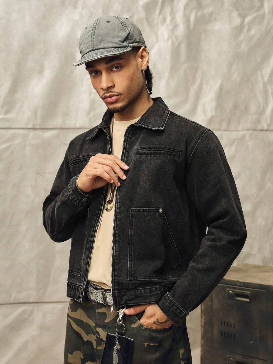 Norleigh Men Long Sleeve Casual Washed Black Short Denim Jacket,Winter Streetwear Rave Punk Style Slim-Fit Urban Outerwear - Black - View 1