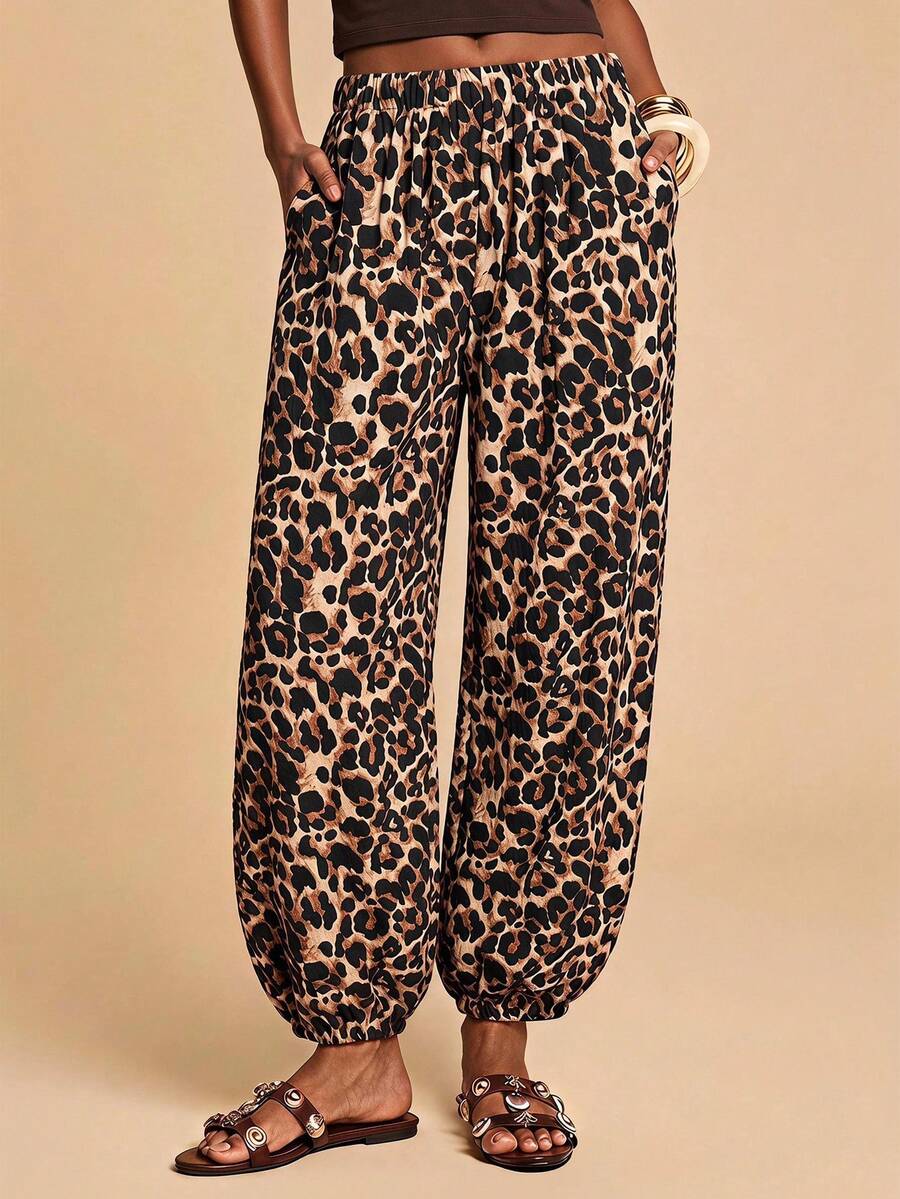 Travachic Women's Elastic Waist Pocket Leopard Print Casual Daily Travel Pants Vintage Rock In Rio Mexican Blouse Country Pants