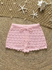 Soleia Knitted Crochet Drawstring Hollow Out Slim Fit Cover-Up Shorts - Pink - View 3