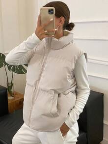 DAZY Women's Solid Color Zipper Front Casual Thermal Lined Vest, Winter Jacket Women Coats - Beige - View 5